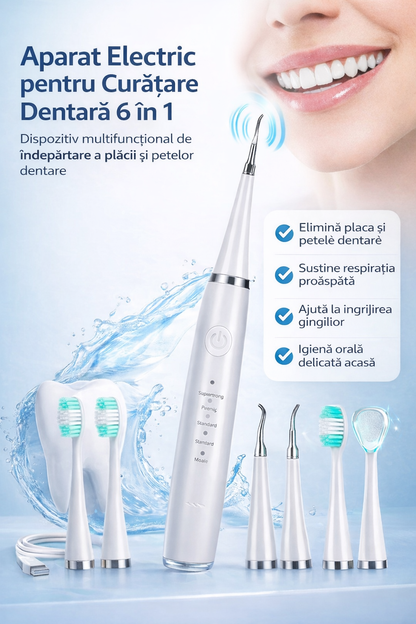 Viacare Curatator de dinti electric 6 in 1, dispozitiv cu ultrasunete pentru ingrijire orala pentru indepartarea placii bacteriene si a petelor de suprafata, alb