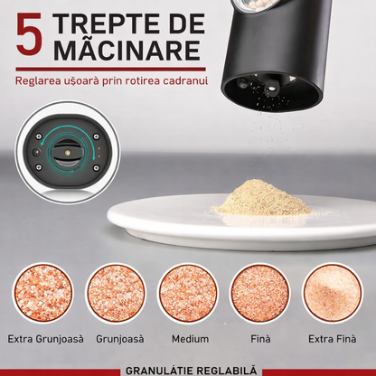 Set 2 Râșnițe Electrice pentru Sare și Piper, Funcționare pe Baterii, Granulație Reglabilă, LED