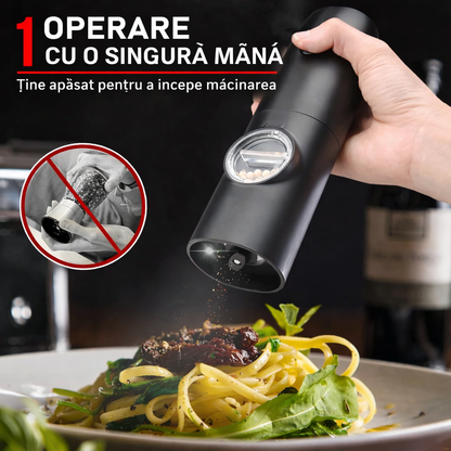 Set 2 Râșnițe Electrice pentru Sare și Piper, Funcționare pe Baterii, Granulație Reglabilă, LED