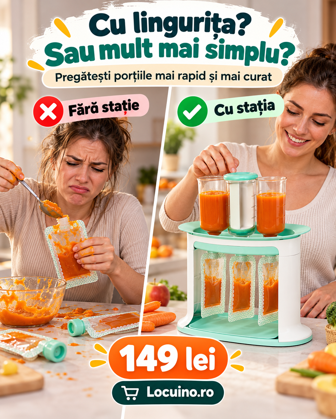 Stație de Umplere Piure pentru Bebeluși cu 5 Pungi Reutilizabile Fără BPA, Meal Prep Rapid