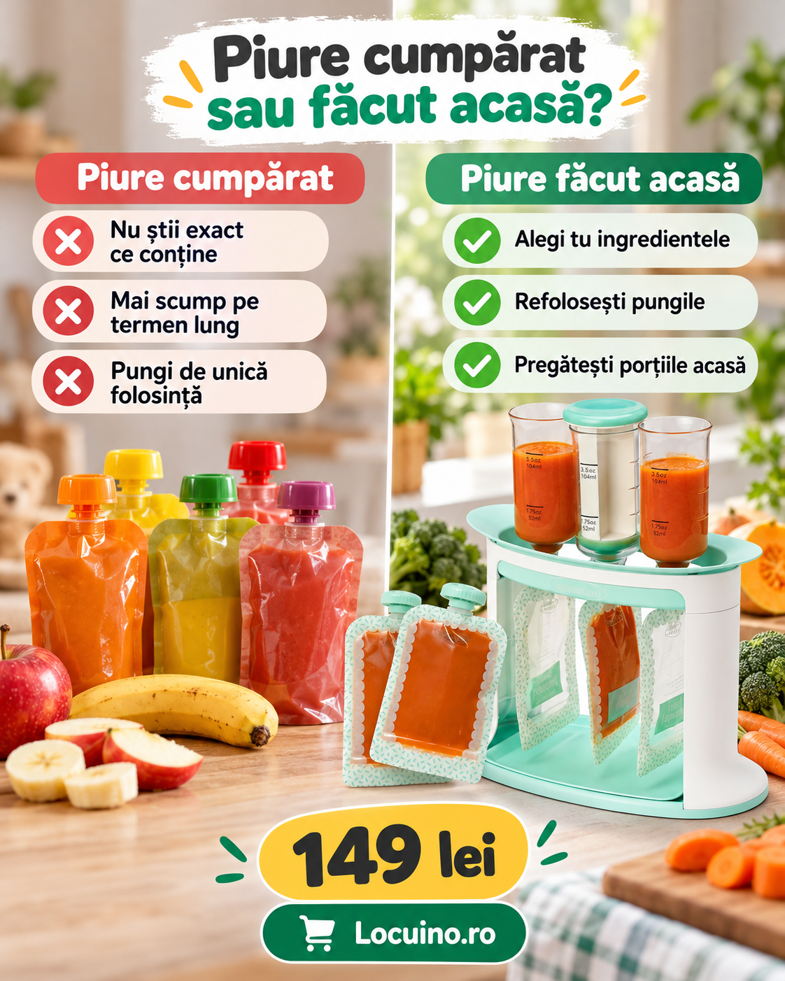 Stație de Umplere Piure pentru Bebeluși cu 5 Pungi Reutilizabile Fără BPA, Meal Prep Rapid