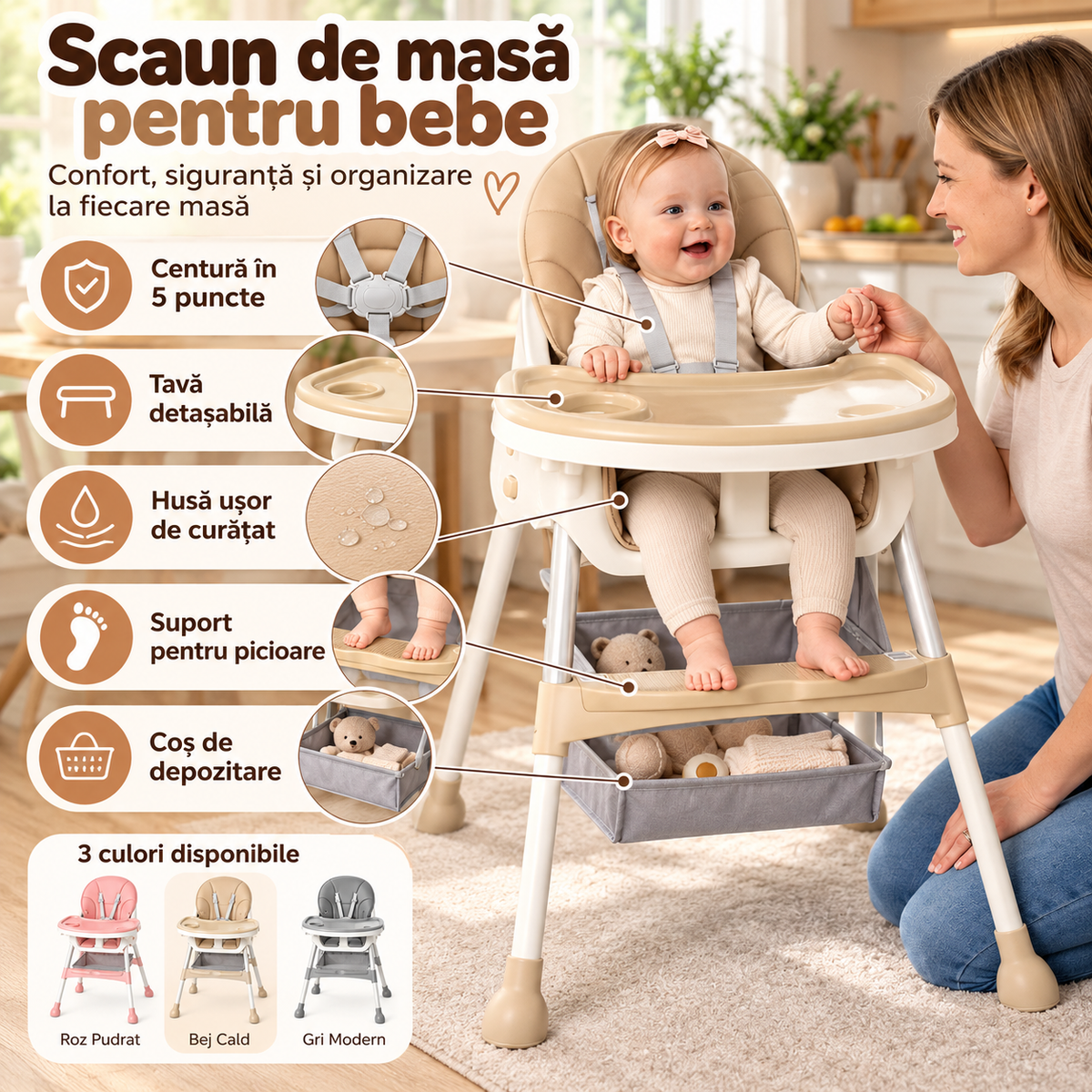 Scaun de Masă pentru Bebeluși KIDOO KD-44, Centură în 5 Puncte, Tavă Detașabilă, 6-72 Luni
