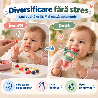 Hrănitor Bebeluși din Silicon Fără BPA, Set Diversificare cu 2 Mânere, 6 Tetine și Tăvi de Congelare
