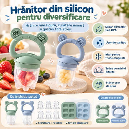 Hrănitor Bebeluși din Silicon Fără BPA, Set Diversificare cu 2 Mânere, 6 Tetine și Tăvi de Congelare