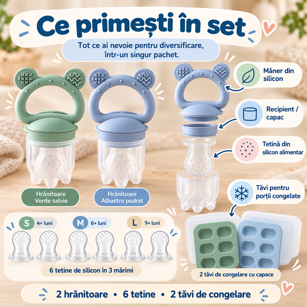 Hrănitor Bebeluși din Silicon Fără BPA, Set Diversificare cu 2 Mânere, 6 Tetine și Tăvi de Congelare