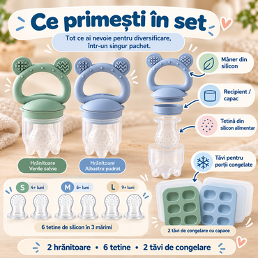 Hrănitor Bebeluși din Silicon Fără BPA, Set Diversificare cu 2 Mânere, 6 Tetine și Tăvi de Congelare