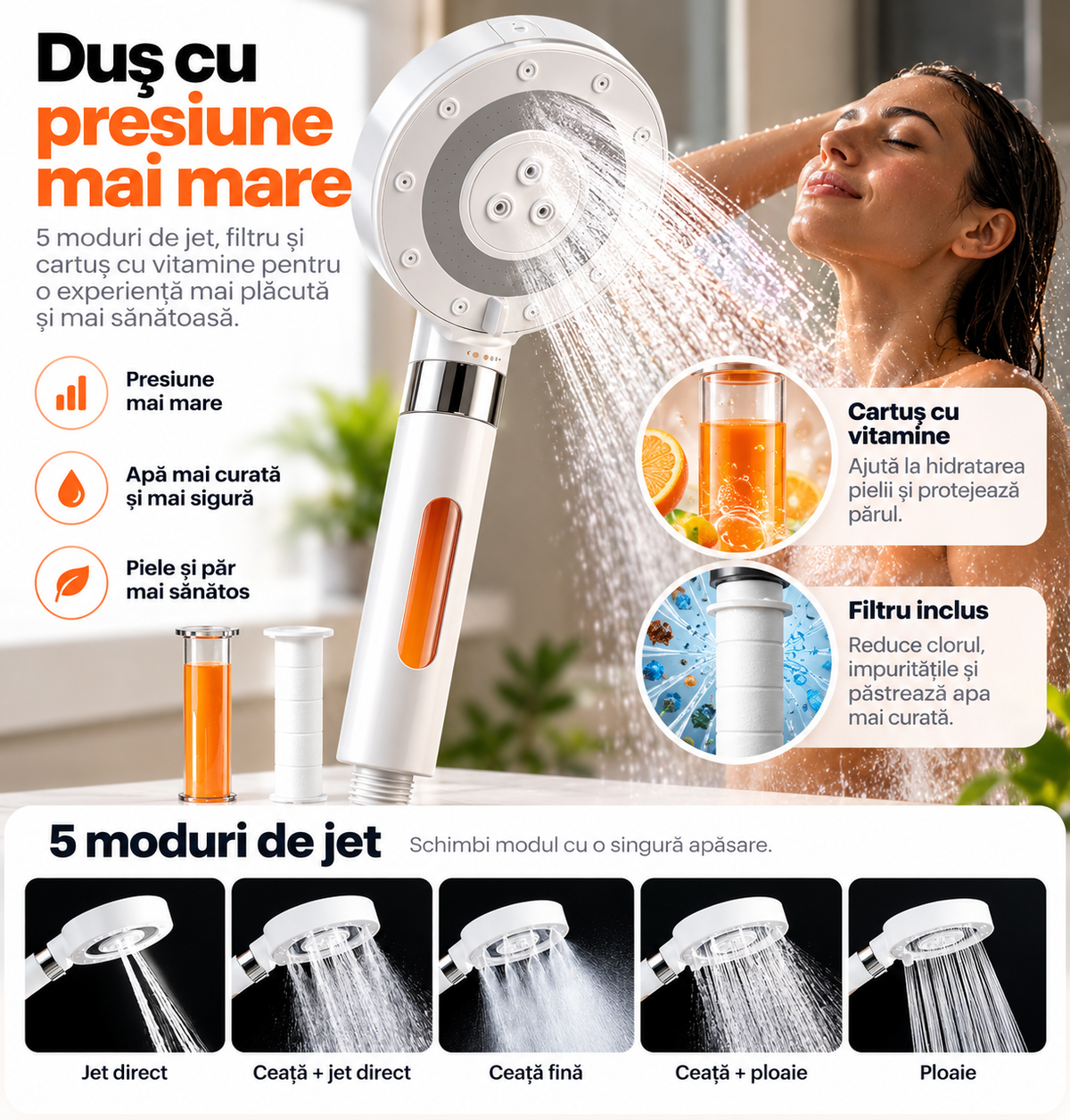 Pară de duș cu presiune mărită și filtru vitamina C