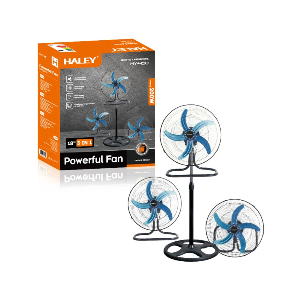 HALEY Vezi toate produsele Ventilator 3 în 1 HALEY, 200W, 45cm, Podea / Perete / Stativ, 3 Viteze, Oscilație, Înălțime Reglabilă până la 155cm