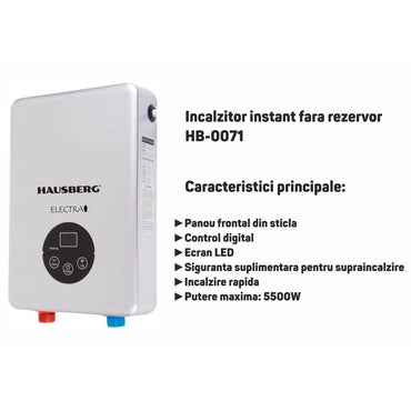 Incalzitor instant fara rezervor Hausberg HB-0071, putere max 5500W 220v, panoul frontal din sticla, control digital, Alb