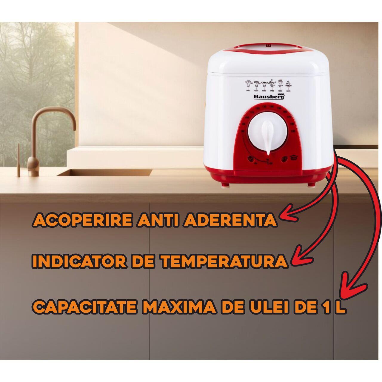 Friteuza Hausberg HB 1320 A-R, 850W - 950 W, 1 L, Alb/Rosu