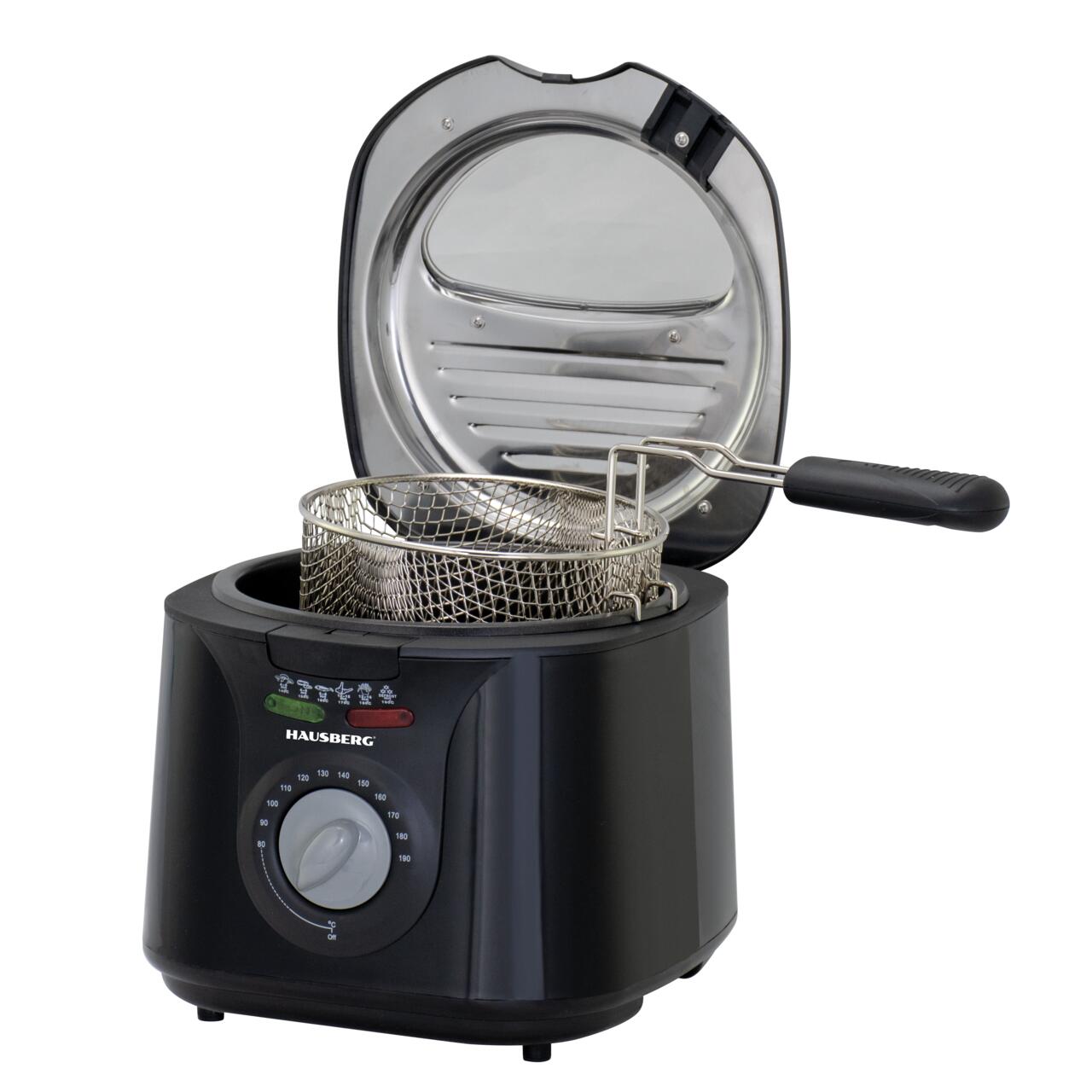 Friteuza HAUSBERG HB-1331NG, 1450 W, 2.5 litri, termostat reglabil 0 - 190 grade C, filtru detasabil din otel inoxidabil, cos cu ulei, protectie supraincalzire, picioare antiderapante, Negru