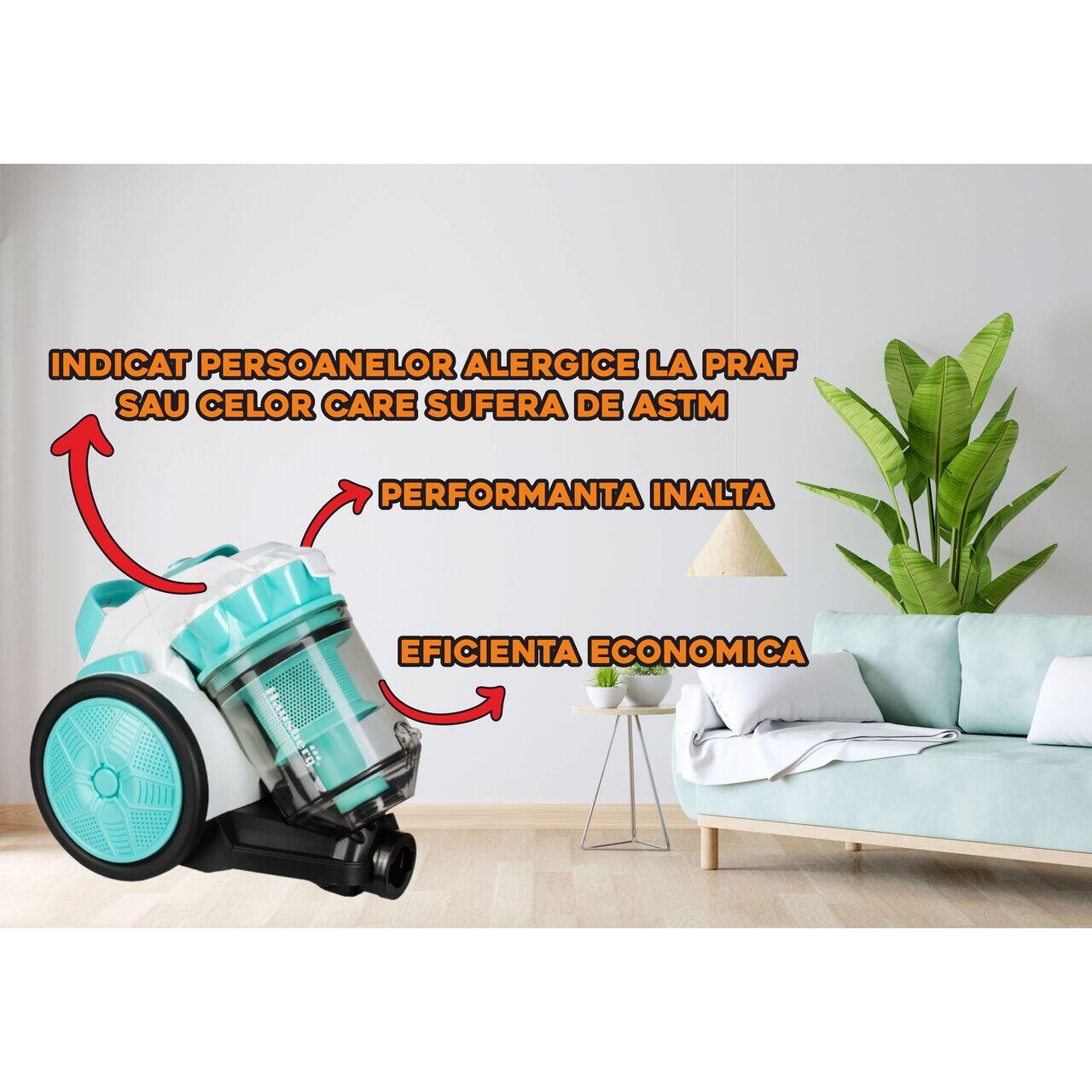 Aspirator fara sac Hausberg HB-2010VR, 700 W, capacitate 3 L, aspirare uscata, ciclonic, filtru HEPA, Alb-Verde