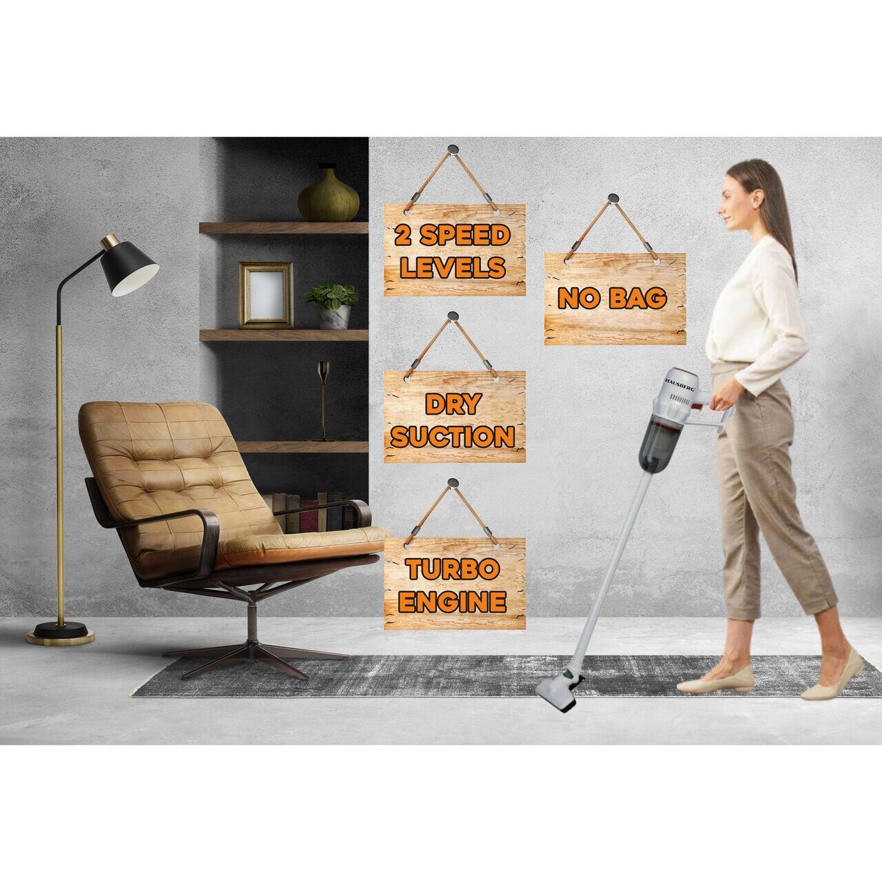 Aspirator vertical 2 in 1 HAUSBERG HB-2024AB, fara sac, aspirare uscata, 2 niveluri de viteza, motor turbo, 0.7 L, 600-800W, Alb