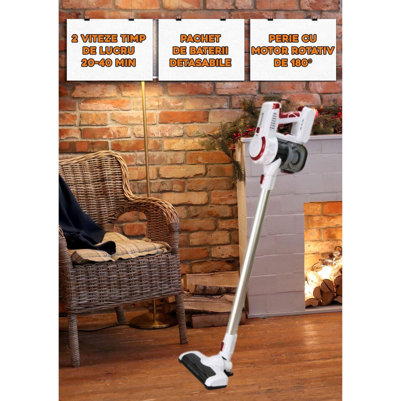 Aspirator vertical Hausberg HB-2027, putere 220W, fara sac, capacitate 0.25 l, filtre lavabile, 2 viteze, perie rotativa, timp de lucru 20-40 min, Alb