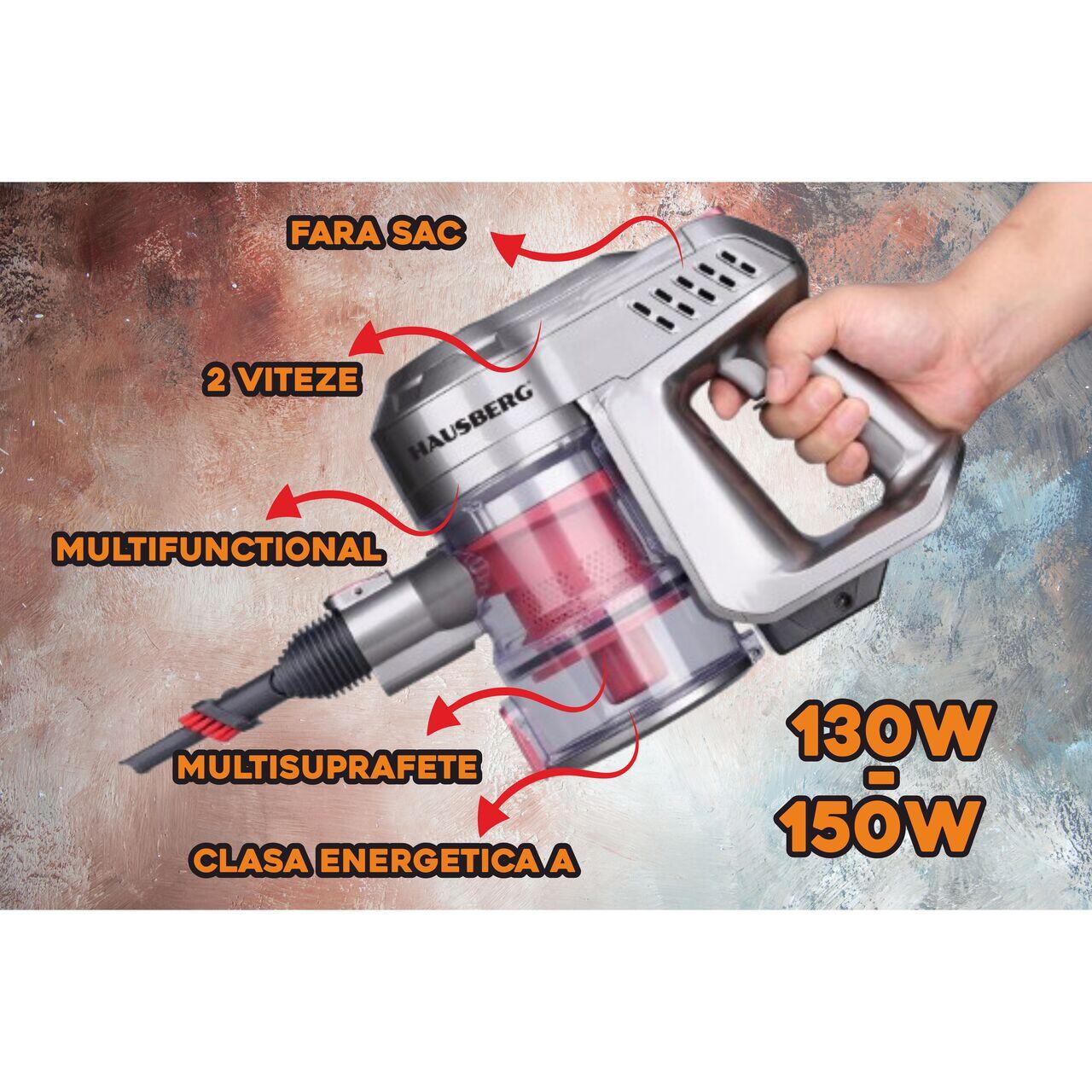 Aspirator de mana si vertical Hausberg HB-2028RS, 2 in 1, fara sac, clasa energetica A, 2 viteze, multifunctional birou, auto, acasa, autonomie 30 min, multisuprafete, accesorii incluse, multifunctional, usor, rosu