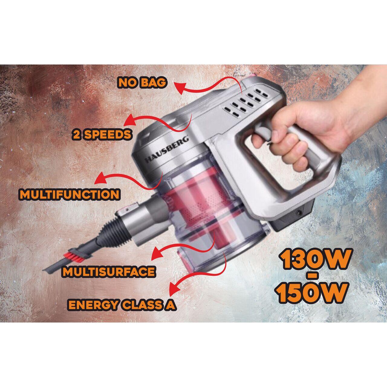 Aspirator de mana si vertical Hausberg HB-2028RS, 2 in 1, fara sac, clasa energetica A, 2 viteze, multifunctional birou, auto, acasa, autonomie 30 min, multisuprafete, accesorii incluse, multifunctional, usor, rosu