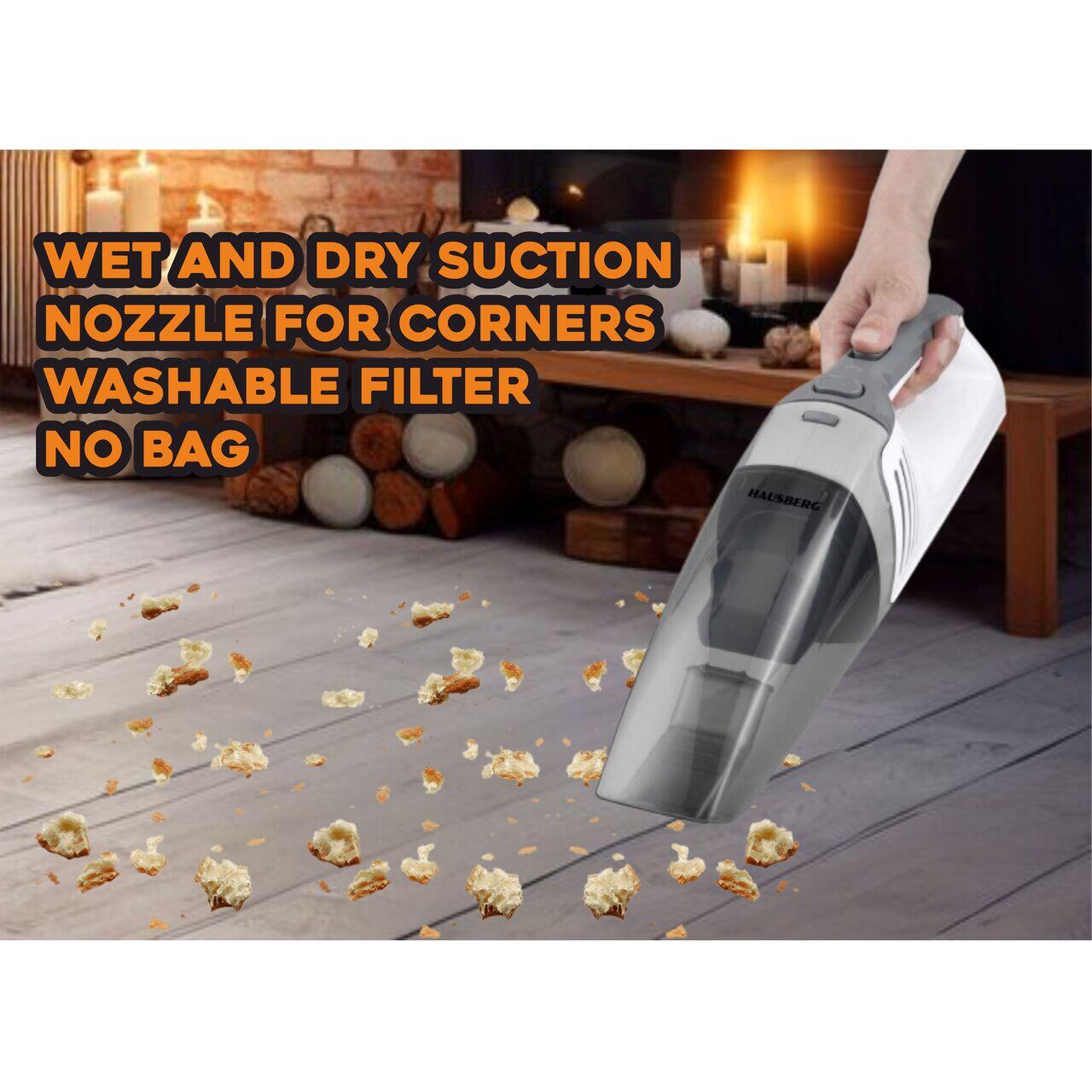 Aspirator de mana HAUSBERG HB-2035, fara sac, aspirare umeda si uscata, filtru lavabil, 0.45 litri, putere motor 75W DC, duza pentru colturi, acumulator Li-Ion 11.1 V