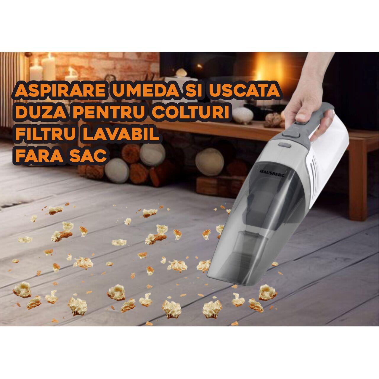 Aspirator de mana HAUSBERG HB-2035, fara sac, aspirare umeda si uscata, filtru lavabil, 0.45 litri, putere motor 75W DC, duza pentru colturi, acumulator Li-Ion 11.1 V