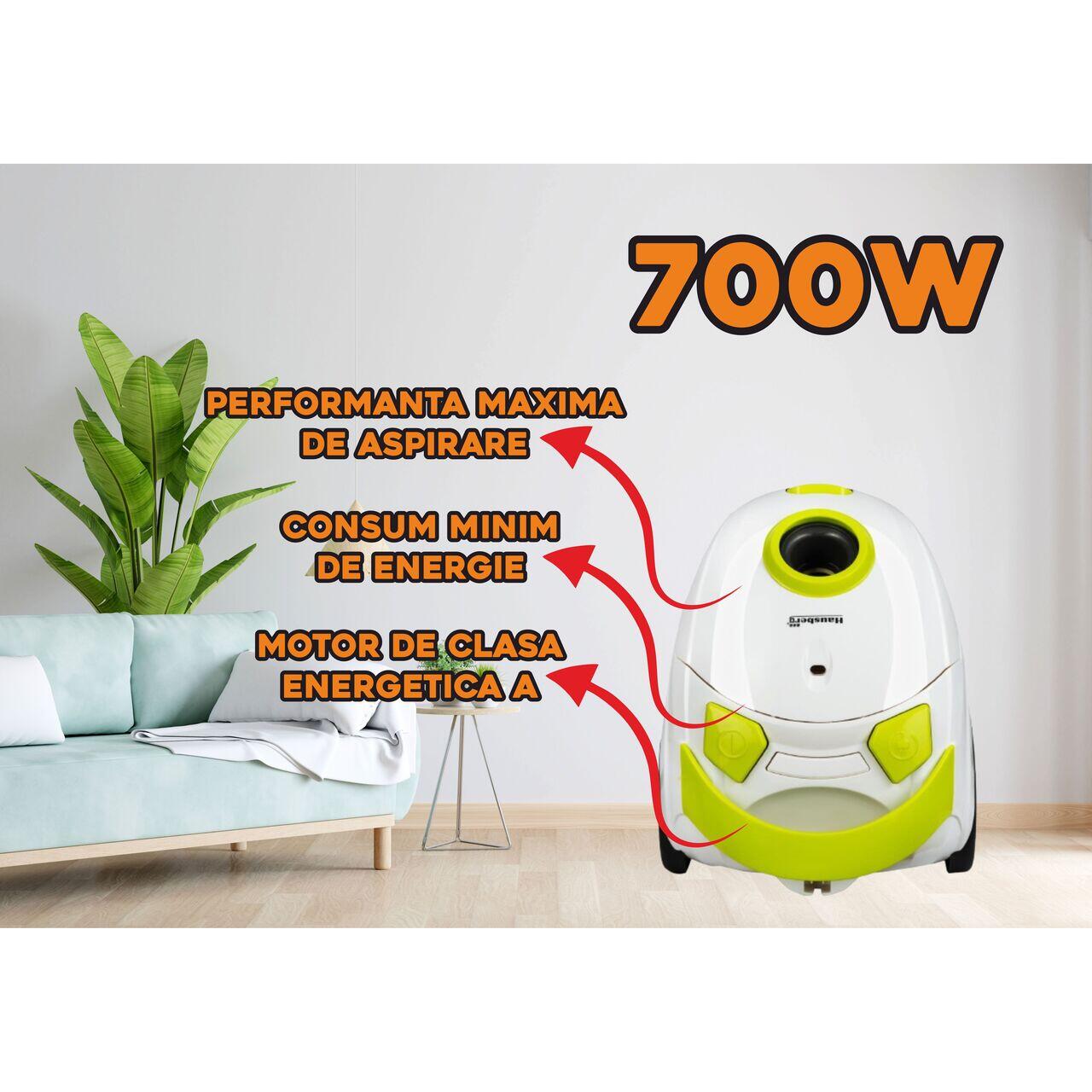 Aspirator cu sac Hausberg HB2080VR, 1500W, Capacitate 1.5L, Alb/Verde