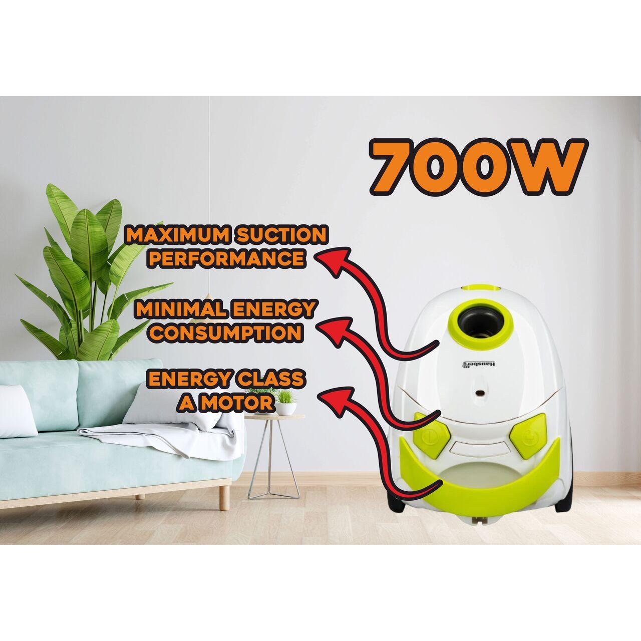 Aspirator cu sac Hausberg HB2080VR, 1500W, Capacitate 1.5L, Alb/Verde