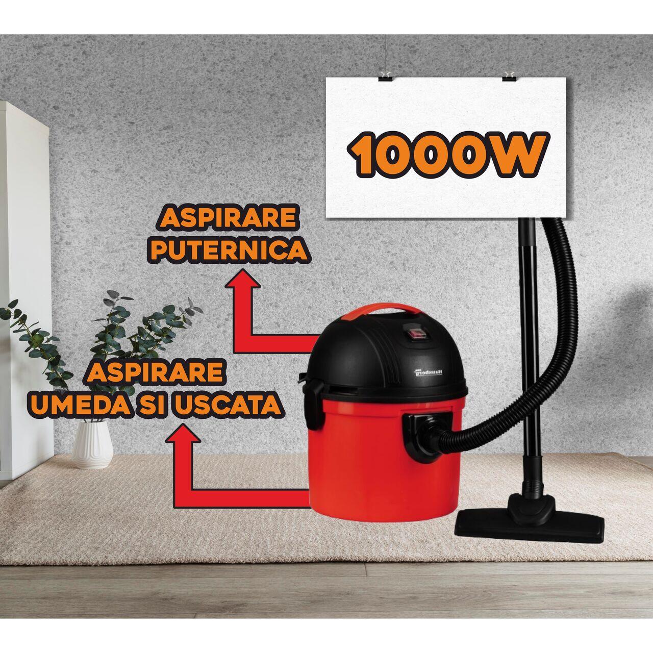 Aspirator multifunctional Hausberg HB-2095RZ, aspirare umeda si uscata, 1200 W, capacitate mare 15 L, filtru HEPA, Rosu-Negru