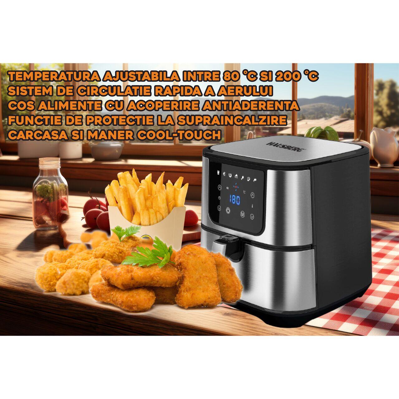 Friteuza Air Fryer Hausberg HB-2365, 1600-1800 W, 5.2 L, Timer, protectie supra-incalzire, maner rece, Display LCD
