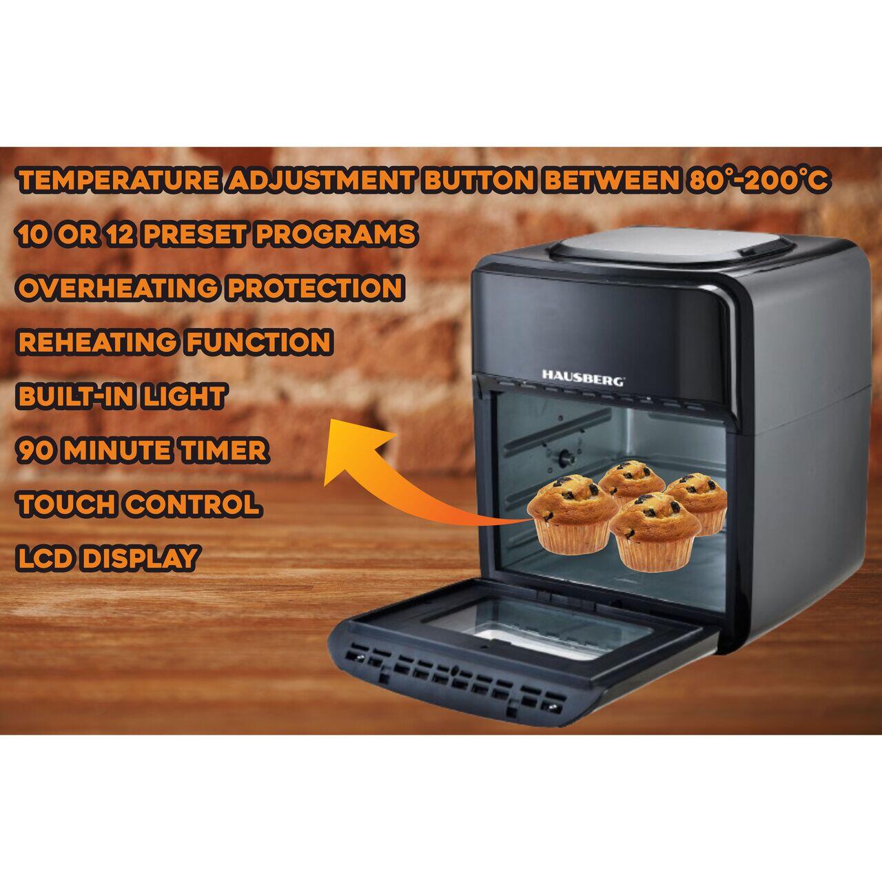 Friteuza fara ulei-Cuptor cu aer cald, Air Fryer HAUSBERG HB-2370, 12 programe, capacitate 12L, putere 1800-2000W, reglare temperatura 80-200°C