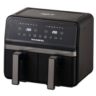 Friteuza dubla cu aer cald HAUSBERG HB-2373NG, 2200-2400W, capacitate 8.4L, termostat reglabil cu afisaj LED, control digital individual, 14 programe prestabilite, temporizator 60 min, ventilator de racire, Negru
