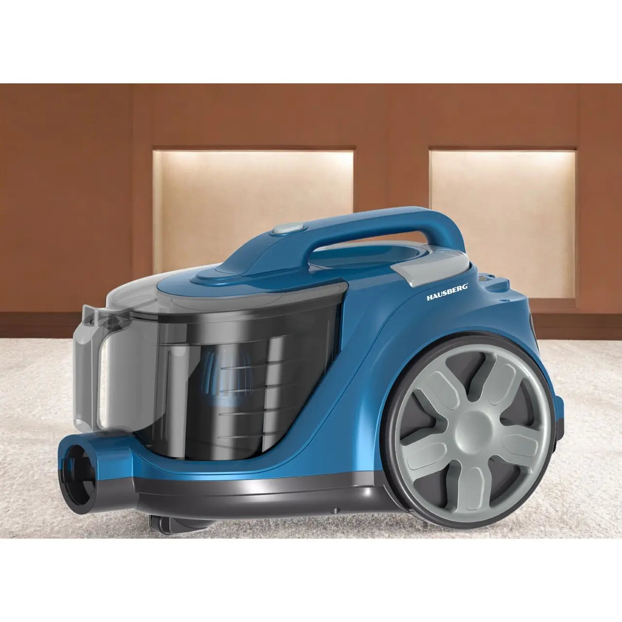 Aspirator fara sac HAUSBERG HB-2821BL, 1200-1800W, multiciclon, aspirare uscata, capacitate 3 litri,  filtru HEPA, control viteza, derulator automat cablu, Bleu-Negru