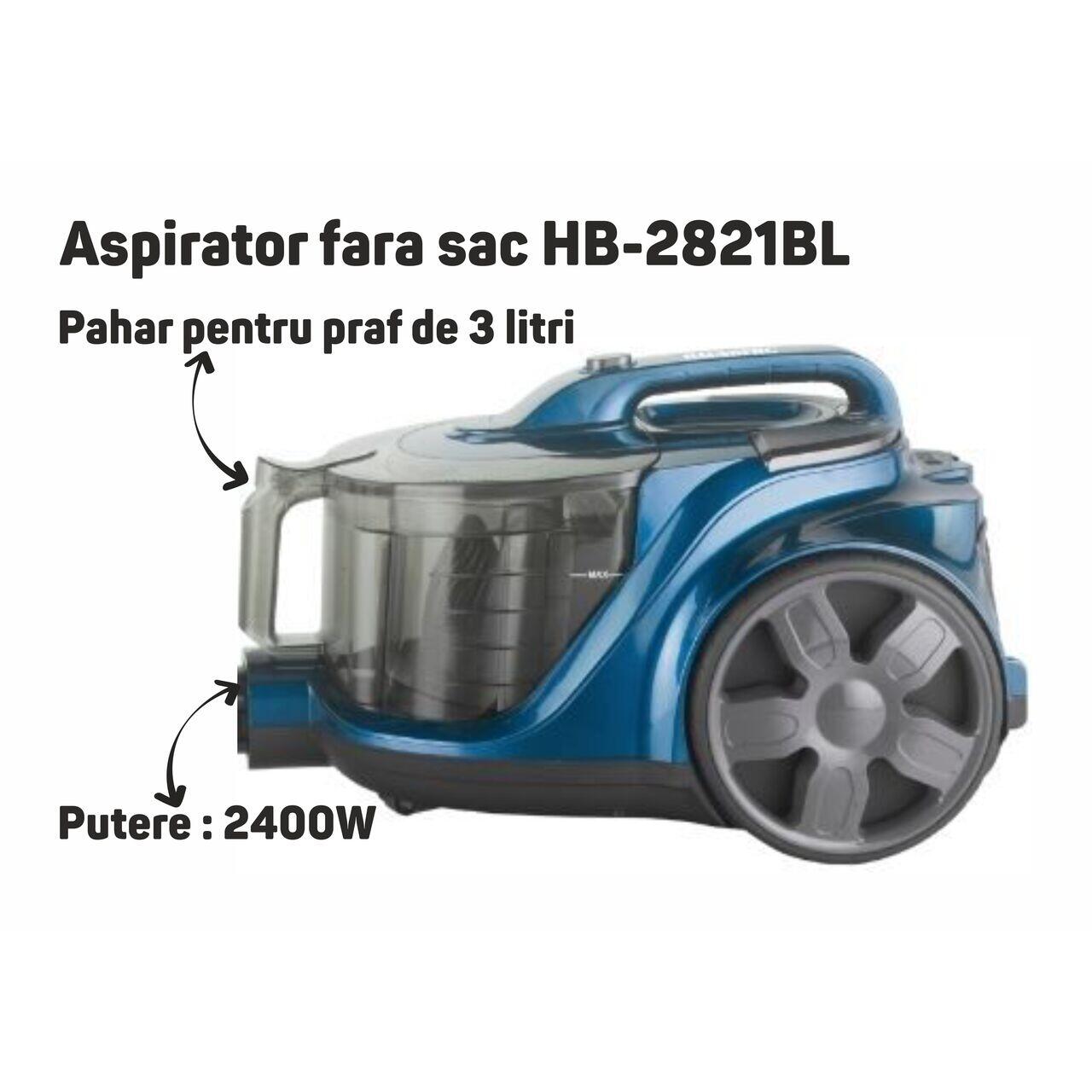 Aspirator fara sac HAUSBERG HB-2821BL, 1200-1800W, multiciclon, aspirare uscata, capacitate 3 litri,  filtru HEPA, control viteza, derulator automat cablu, Bleu-Negru