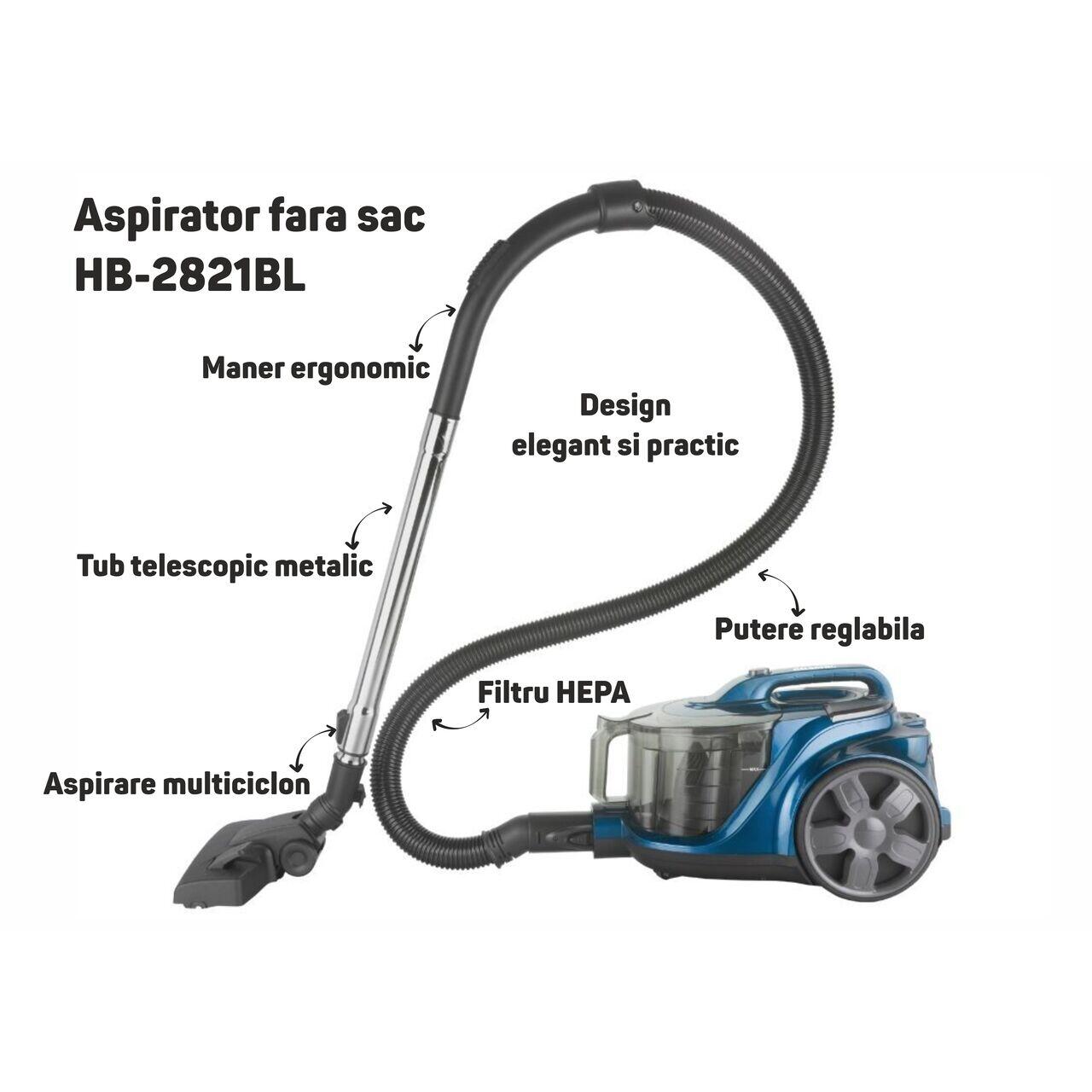Aspirator fara sac HAUSBERG HB-2821BL, 1200-1800W, multiciclon, aspirare uscata, capacitate 3 litri,  filtru HEPA, control viteza, derulator automat cablu, Bleu-Negru