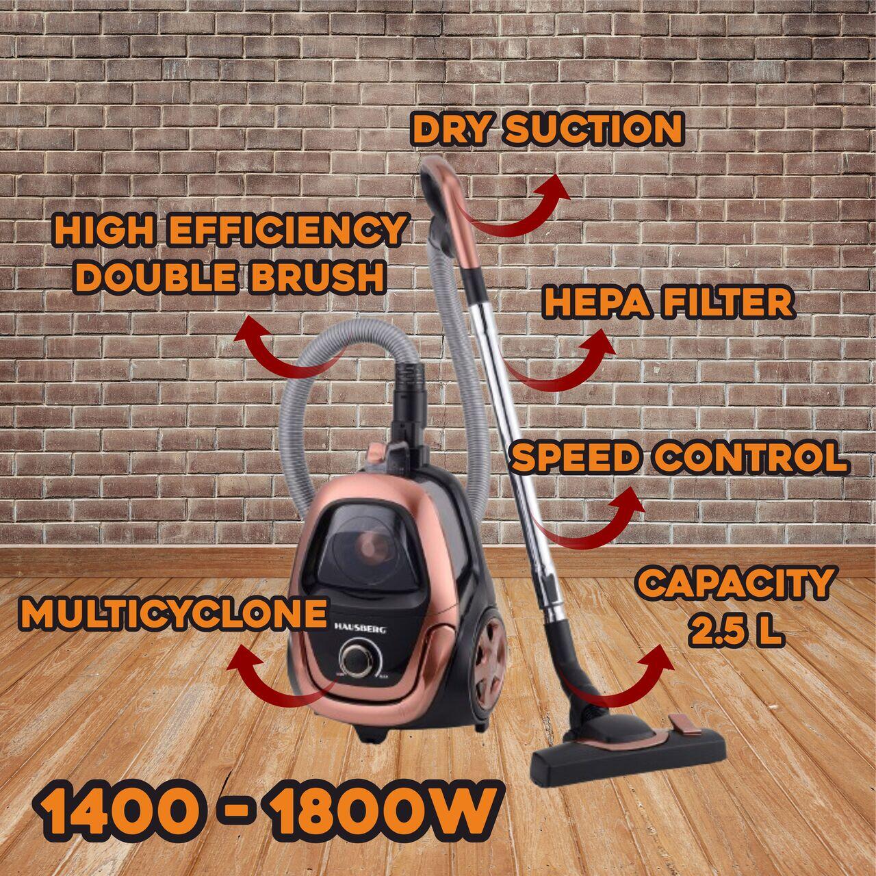 Aspirator fara sac HAUSBERG HB-2823AU, 1400-1800W, multiciclon, aspirare uscata, capacitate 2.5 litri, filtru HEPA, control viteza, derulator automat cablu, Auriu-Negru