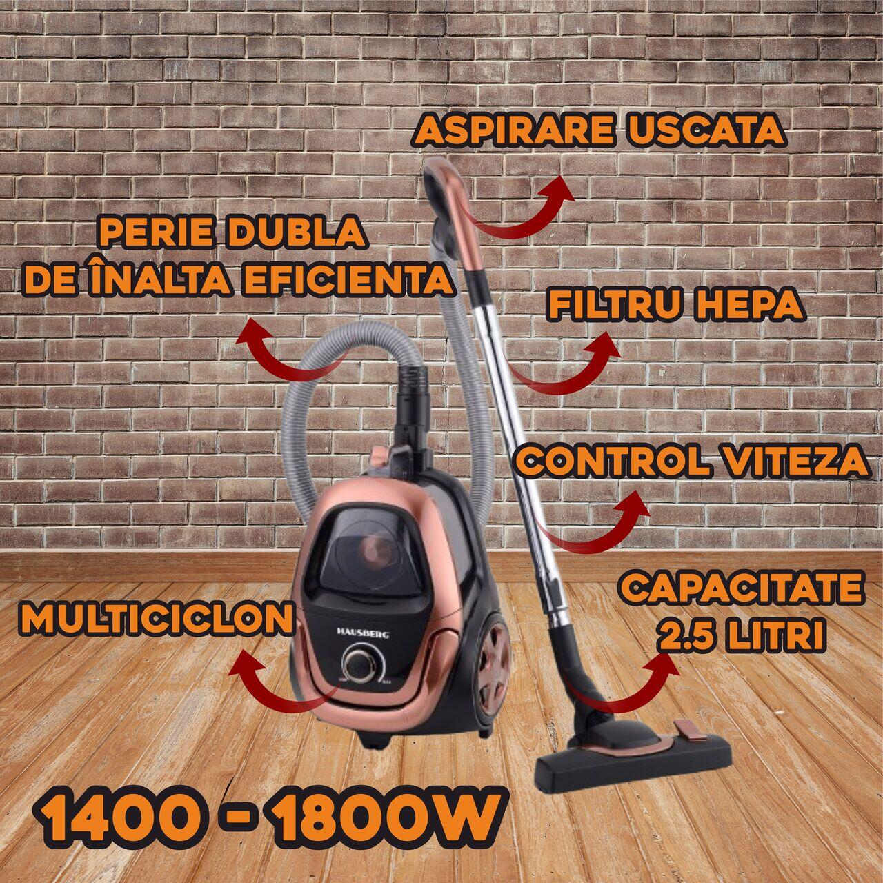 Aspirator fara sac HAUSBERG HB-2823AU, 1400-1800W, multiciclon, aspirare uscata, capacitate 2.5 litri, filtru HEPA, control viteza, derulator automat cablu, Auriu-Negru
