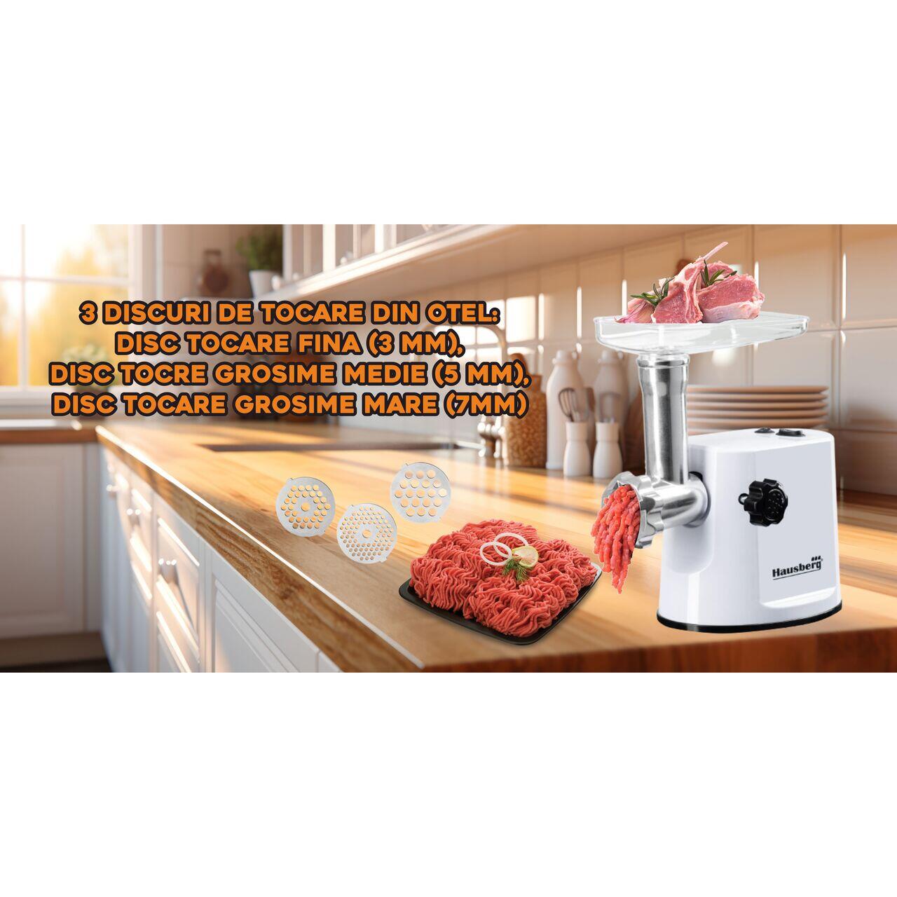 Masina de tocat carne Hausberg HB-3415AB,1000 W, 1Kg/min, Alb