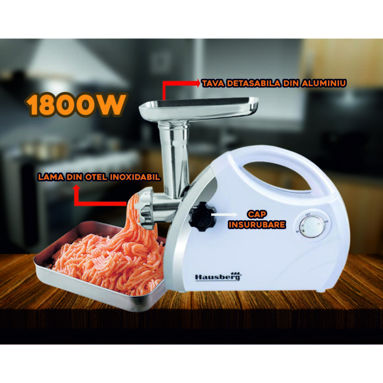 Masina de tocat carne Hausberg HB-3430AB, Inox , 1800 W, motor cupru, Alb