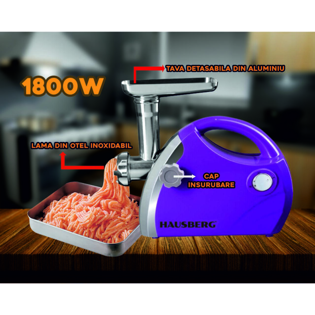 Masina de tocat carne Hausberg HB-3430MV, Inox , 1800 W, motor cupru, Mov