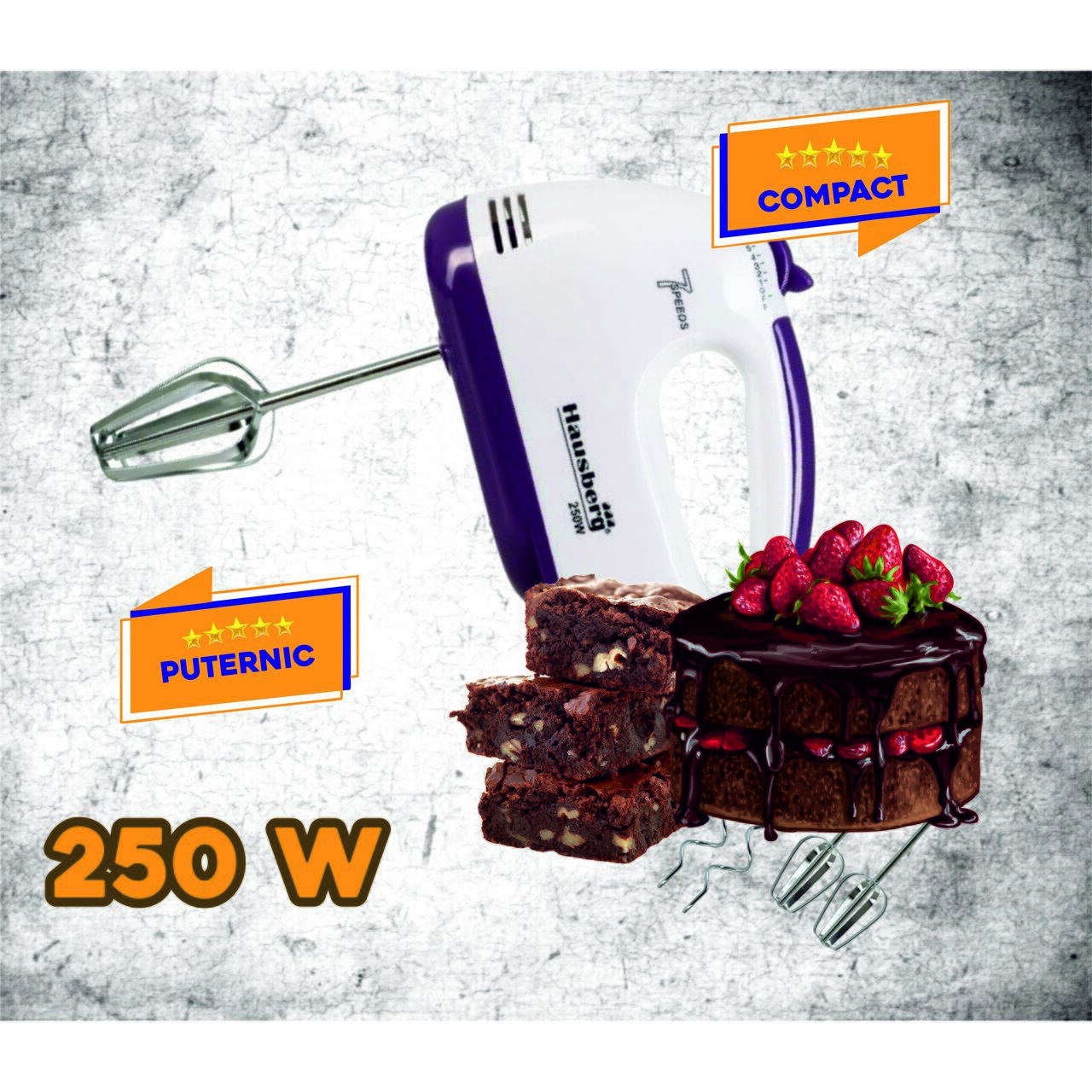 Mixer de mana, Hausberg HB-4112MV, Alb/Mov, 250 W, 7 viteze