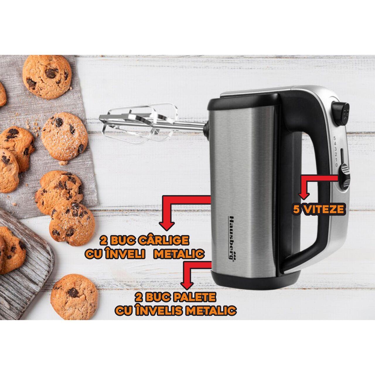 Mixer de Mana HAUSBERG HB-4201NG, 5 viteze, Motor din cupru, 250W-400W, Carcasa Inox, Negru