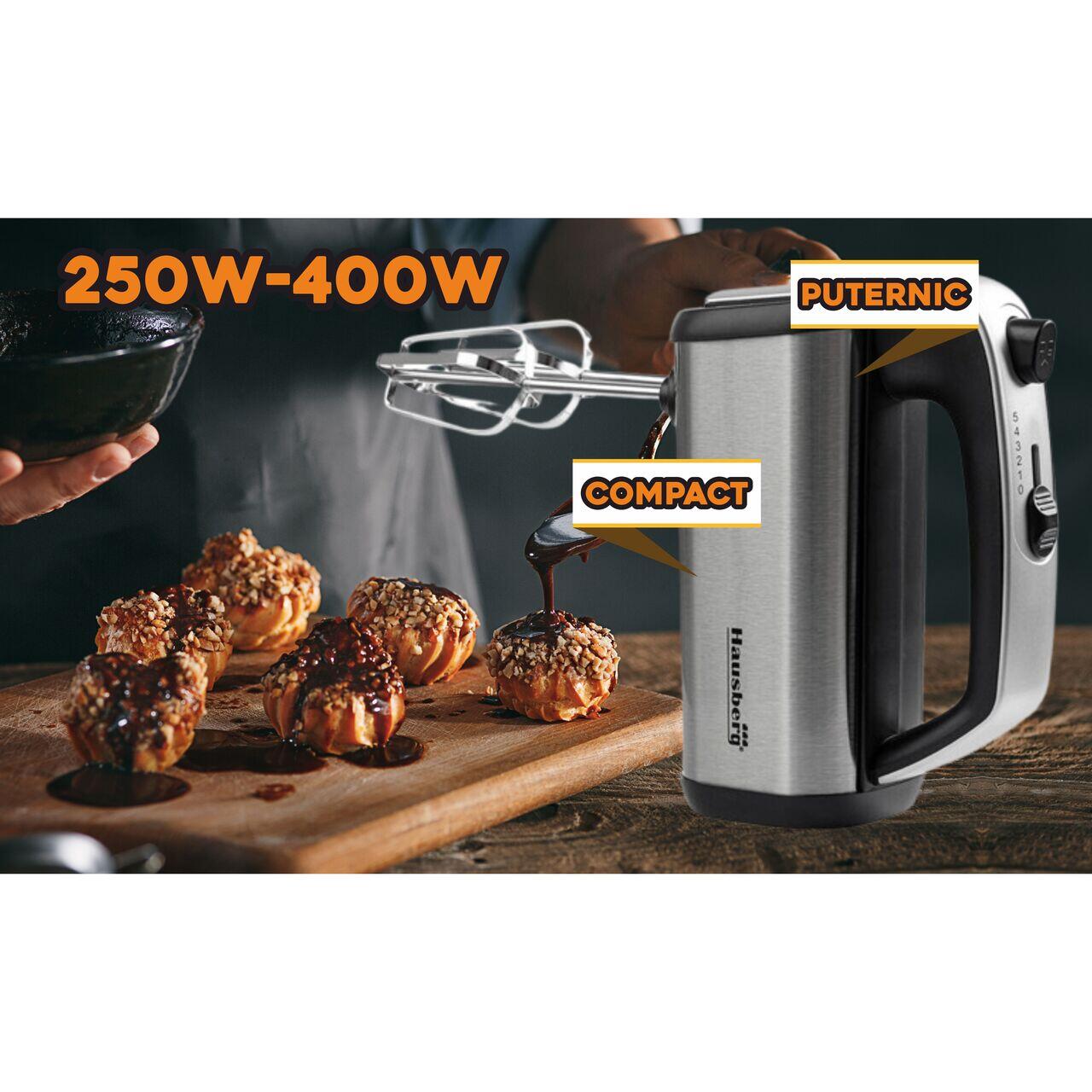Mixer de Mana HAUSBERG HB-4201NG, 5 viteze, Motor din cupru, 250W-400W, Carcasa Inox, Negru
