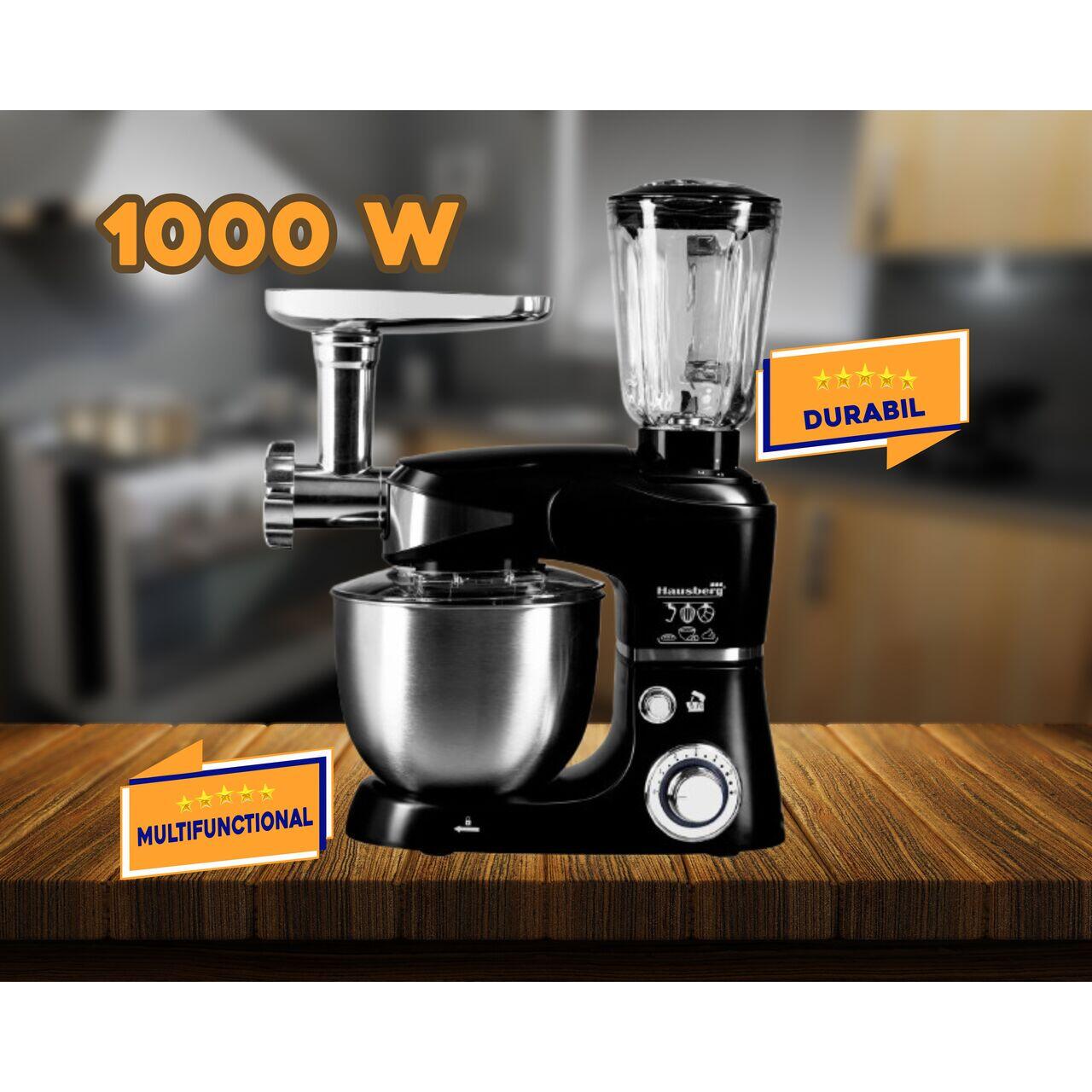 Robot de bucatarie multifunctional All-in-one Hausberg HB-7605, 1000 W, mixer/blender/tocat carne, Negru