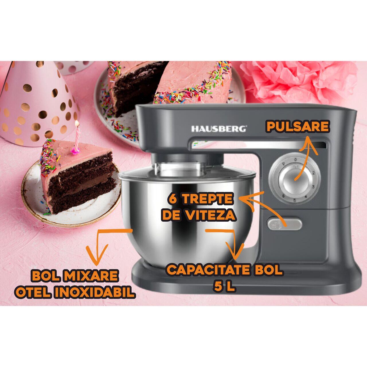 Mixer cu bol HAUSBERG HB-7620GR, putere 700-800W, 5 litri, 6 viteze, Gri