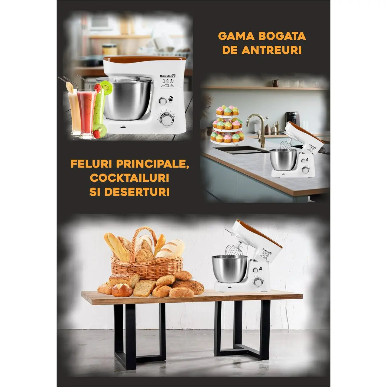 Robot de bucatarie Hausberg HB-7625AB, Bol inox 3.5 L, 700 W, 6 trepte, Alb