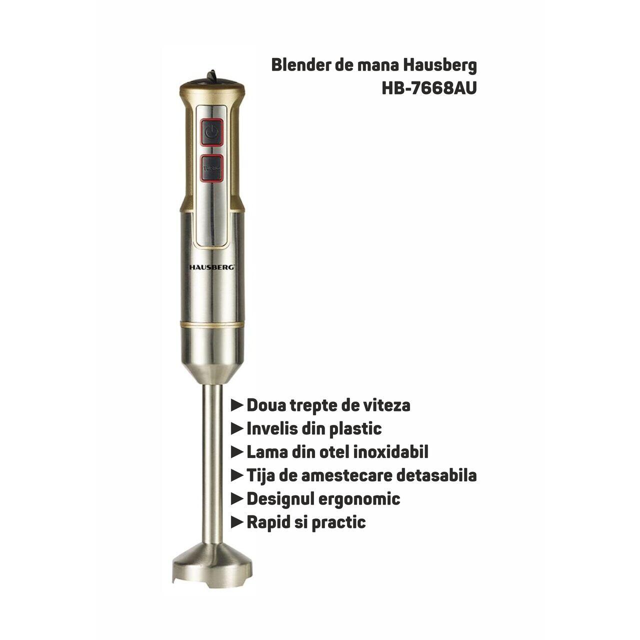 Blender de mana Hausberg HB-7668AU, 1000 W, 2 viteze, lama din otel inoxidabil, motor cupru, Auriu-Inox