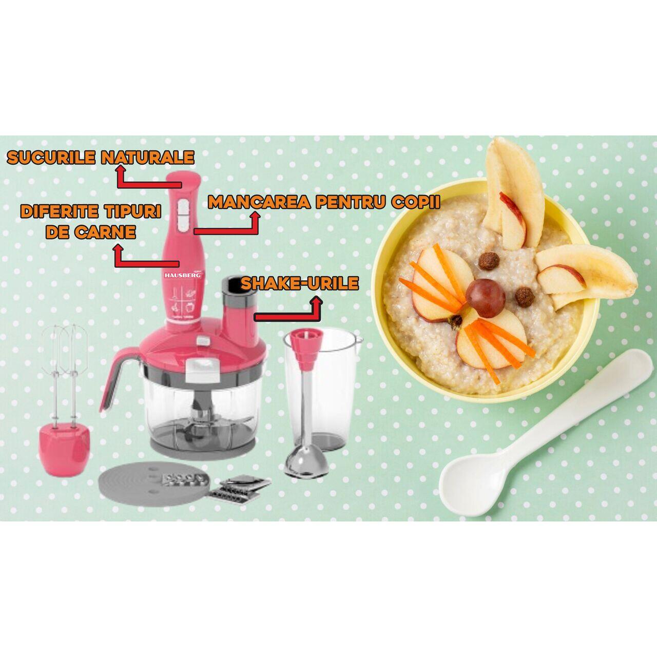 Blender 4 in 1 Hausberg HB-7710RZ, capacitate bol 1.5 l, 1500 W, functie turbo, Roz