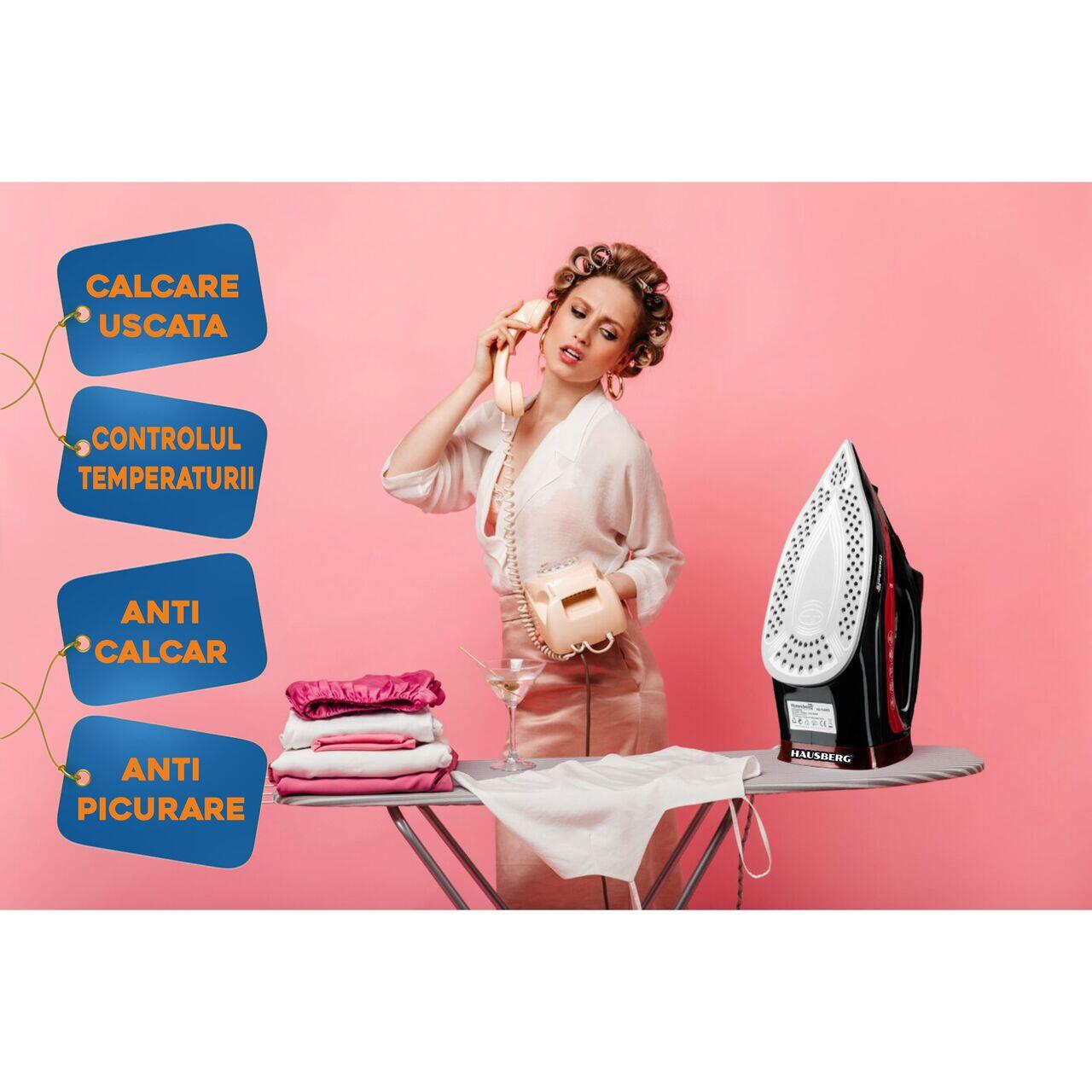 Fier de Calcat Hausberg HB-7840RS, Ceramic, autocuratare, anticalcar, 300ml, 2400-2800W, Negru/Rosu
