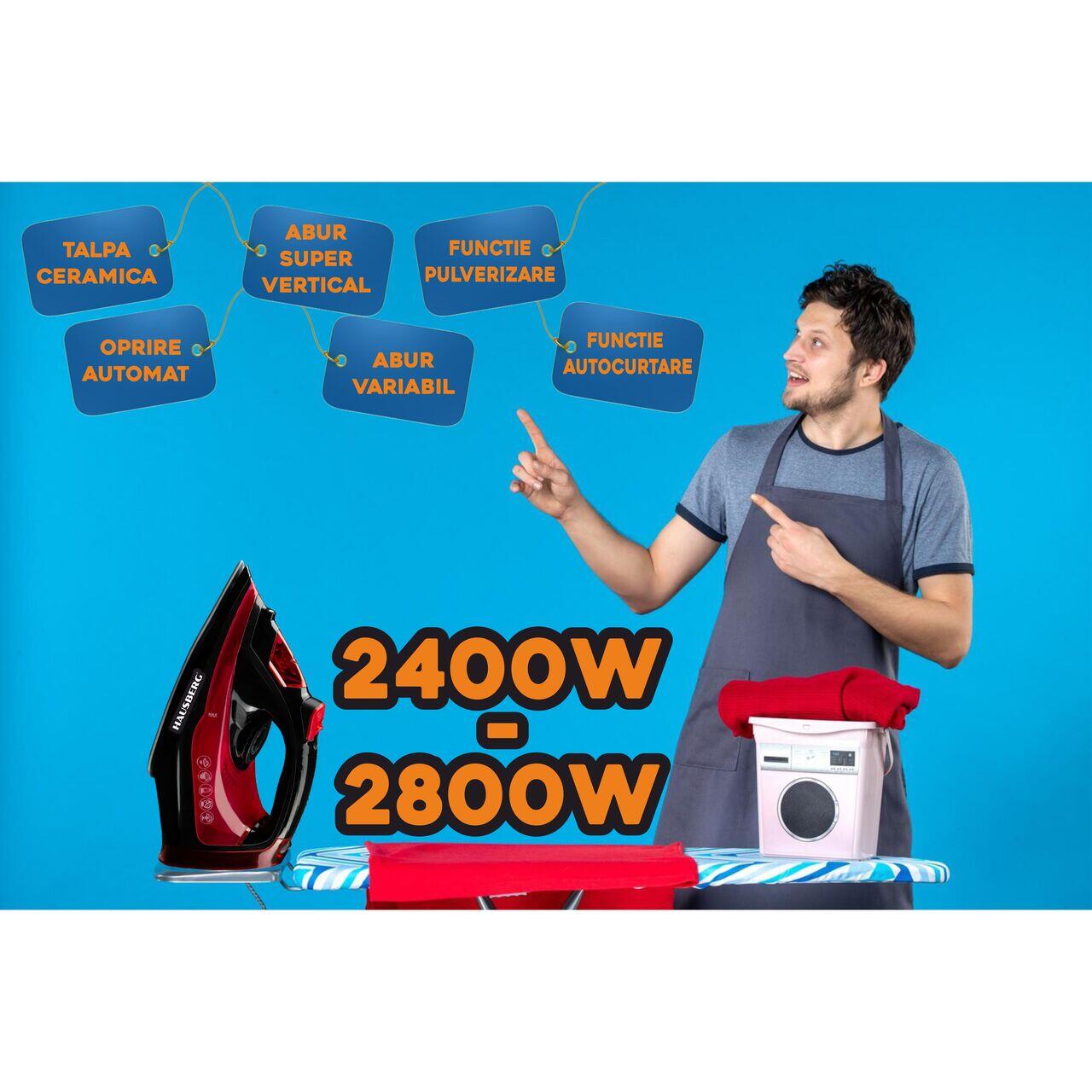 Fier de Calcat Hausberg HB-7840RS, Ceramic, autocuratare, anticalcar, 300ml, 2400-2800W, Negru/Rosu