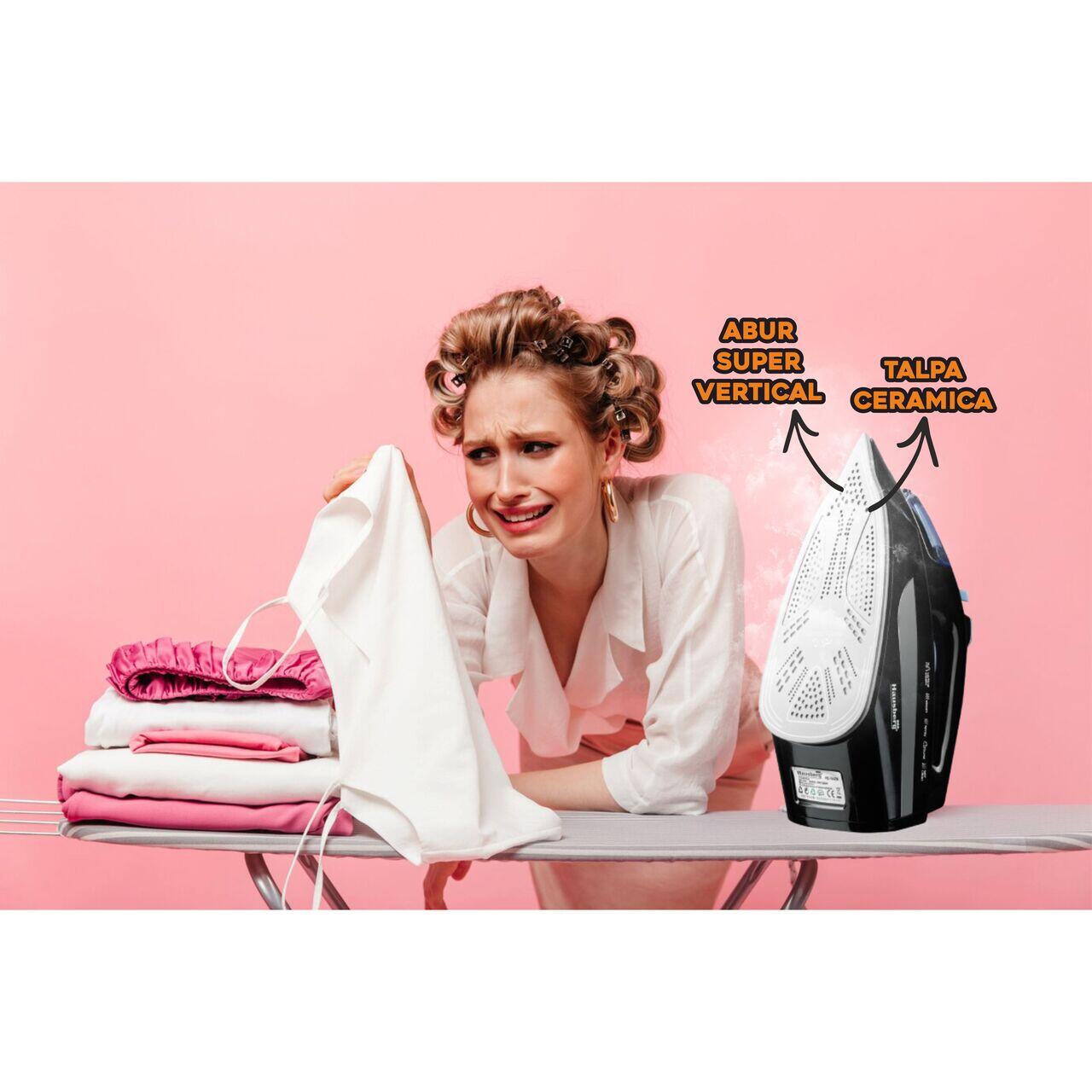 Fier de Calcat Hausberg HB-7842BL, 2300W, Ceramic, Autocuratare, Pulverizare, Antipicurare, 300ml, Negru/Albastru