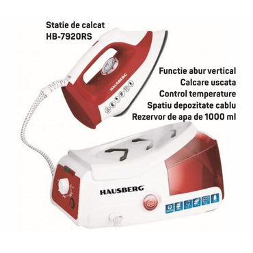 Statie de calcat HAUSBERG HB-7920RS, 2200W, 68g/min, 1000ml, anti-calcar, termostat, talpa ceramica, Rosu-Alb