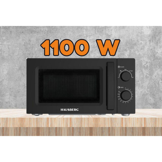 Cuptor cu microunde HAUSBERG HB-8008NG, 20 litri, intrare 1100 W, iesire 700 W, 5 nivele de putere, control mecanic, termostat, timer 35 minute, functie dezghetare, lumina interioara, semnal sonor de terminare a programului, Negru