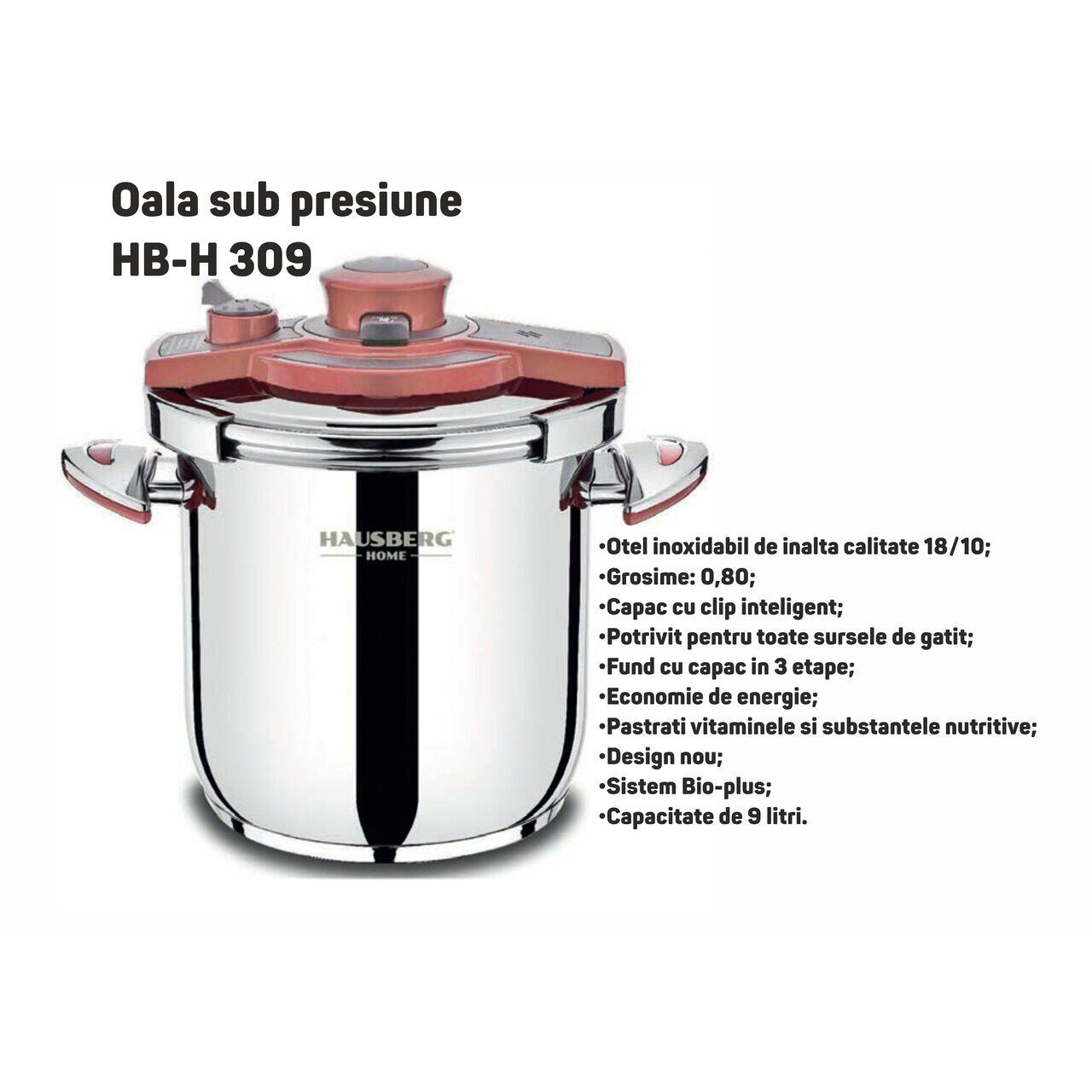 Oala sub presiune HAUSBERG HB-H 309, 9 litri, inox 18/10, Inductie, Triplu fund, Argintiu-rosu